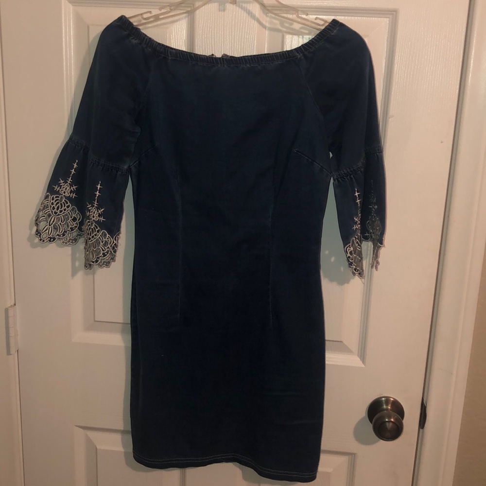 denim bodycon off the shoulder embroidered dress